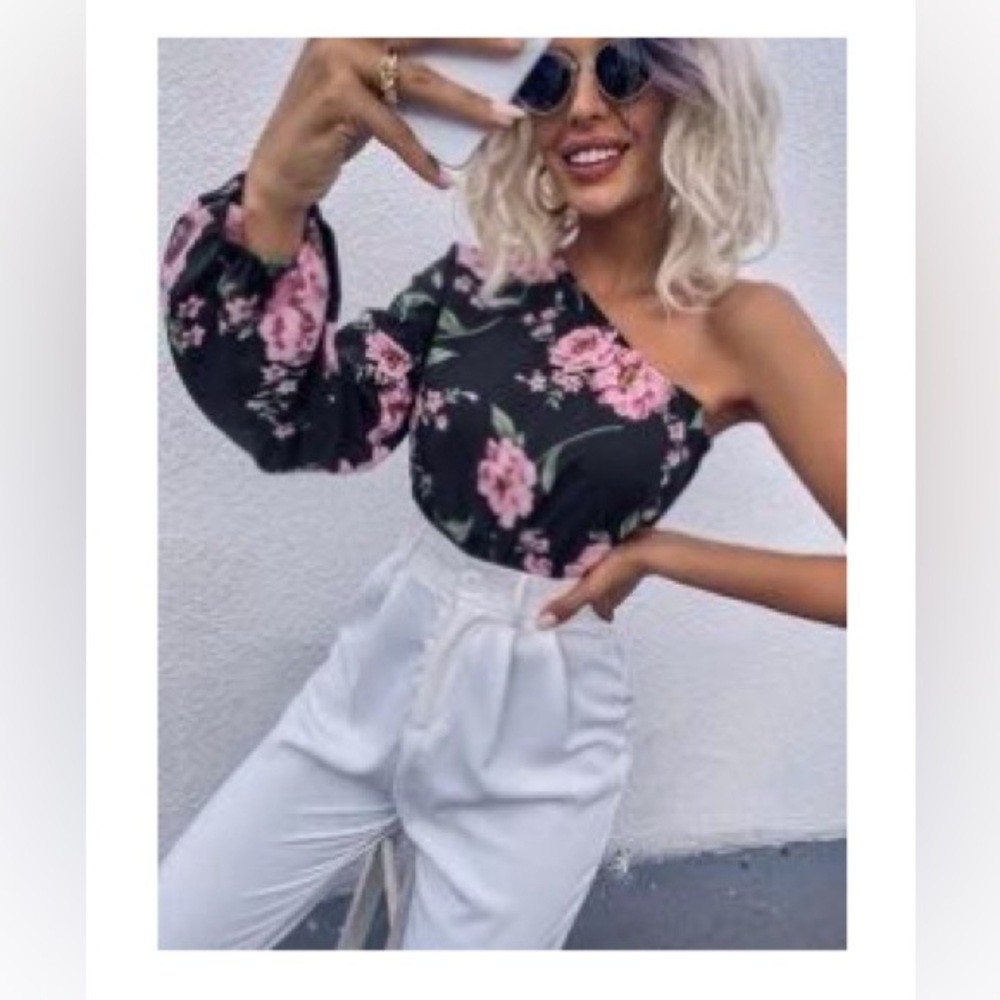 One shoulder floral bodysuit.